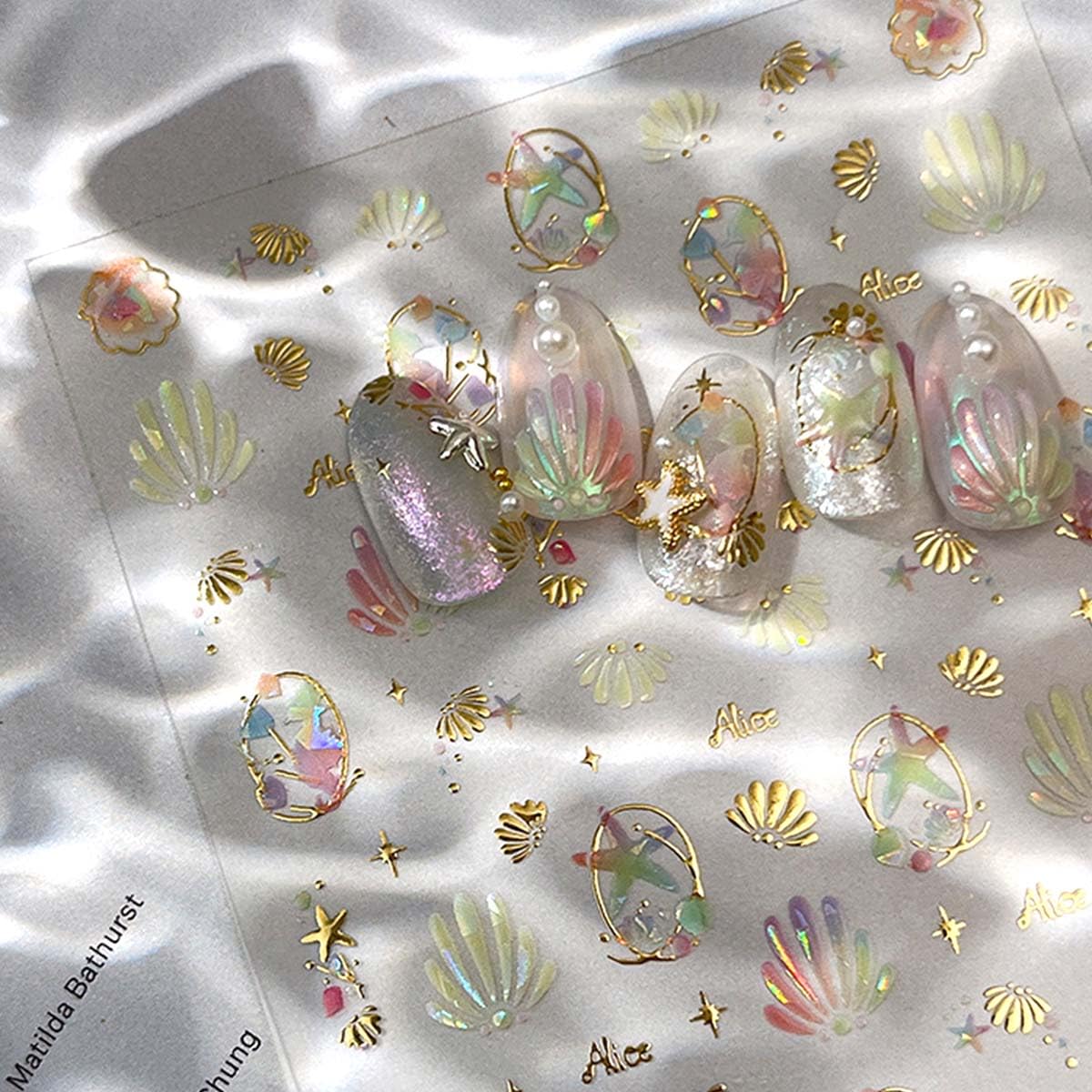 Summer Iridescent Nail Stickers Seashell Starfish Nail Decals Gold Stickers for Nails Design 3D Self Adhesive Nail Art Supplies & Decorations for Women Girls,1 Sheet DIY Manicure Decor
