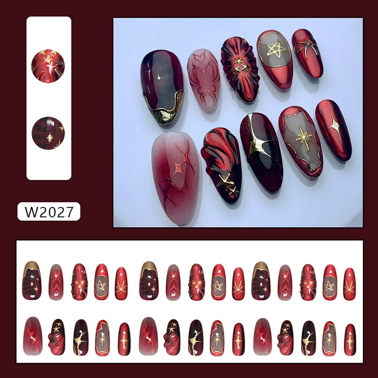 EYZOTSF Press on Almond Nails Medium Length Glossy Full Cover Acrylic Almond Shaped False Nails with Designs Artificial Fake Nail with Charms Glue Stick ons Fingernails for Women Girls(W2027)