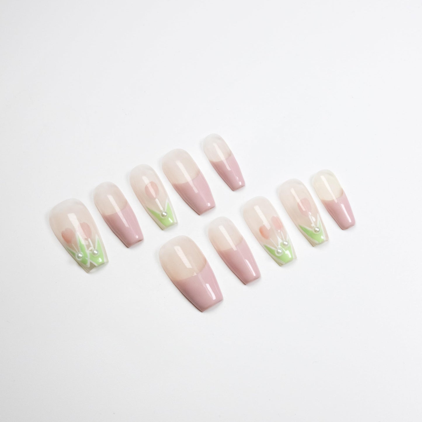 MAOLEETO 3D Squoval Press on Nails, Middle Ladder Fake Nails Tulips False Nails Middle Pink Press on Nails for Women Girls Nail Art Decoration,French Tulip - Middle