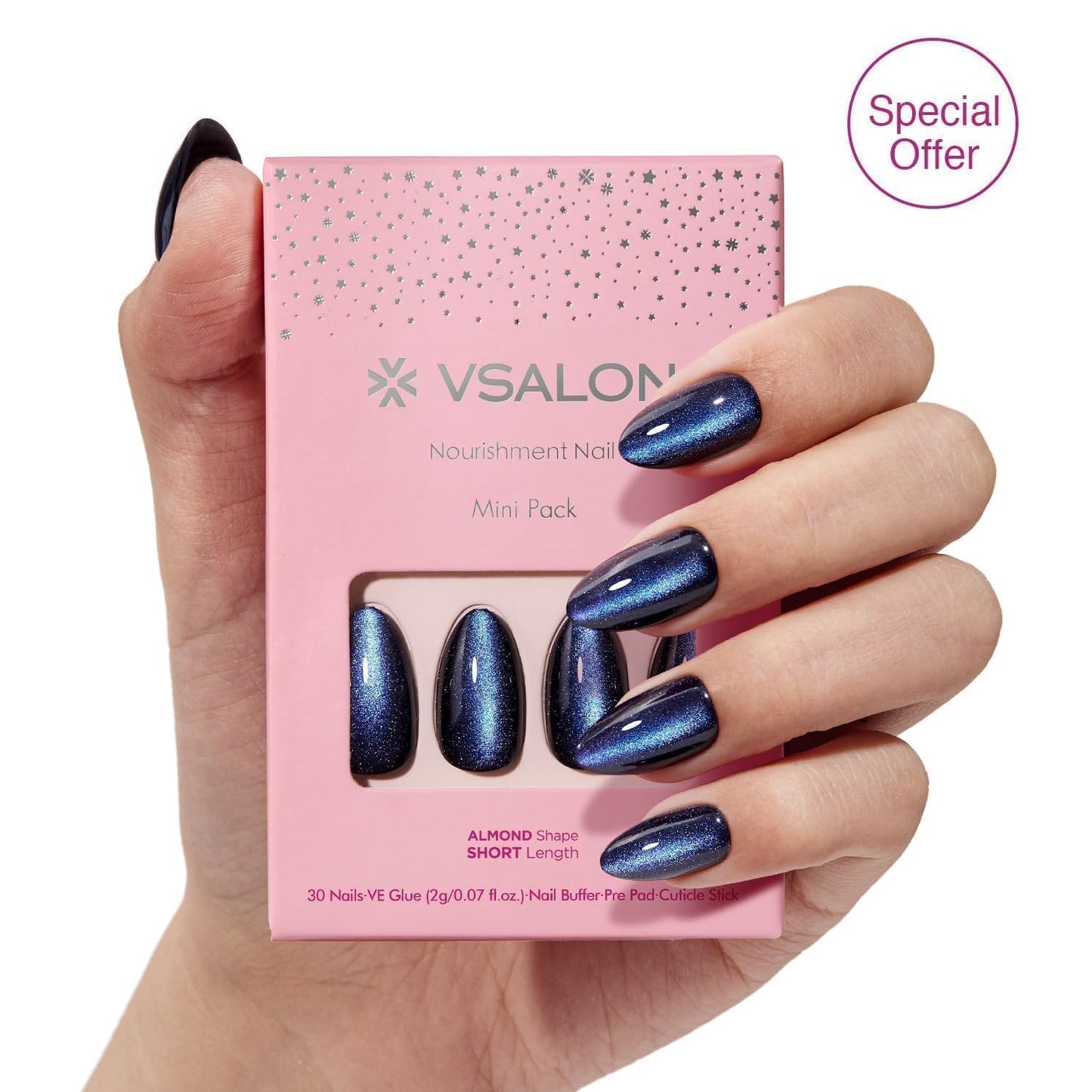 VSALON Almond Short Press On Nails, Milky White Sheer Jelly Finish Nail Kit & Blue Cat Eye Mini Pack