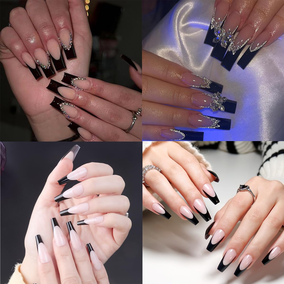 120Pcs Black French Tip Press on Nails Long Coffin Fake Nails French Tip False Nails Full Cover Acrylic Glue on Nail Nude Pink Artificial Nails Reusable Stick on Nail for Women Manicure Kit
