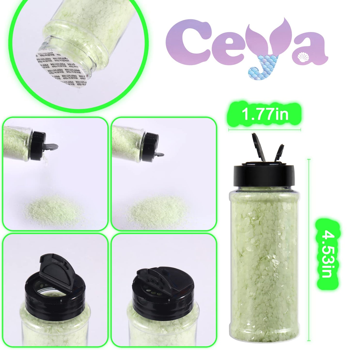 Ceya Glow in The Dark Glitter, 2.8oz/ 80g White Luminous Chunky Glitter Mix Fine Powder Flakes Fluorescent Nail Sequins for Epoxy Resin, Tumblers, Halloween Party, Festival Decor