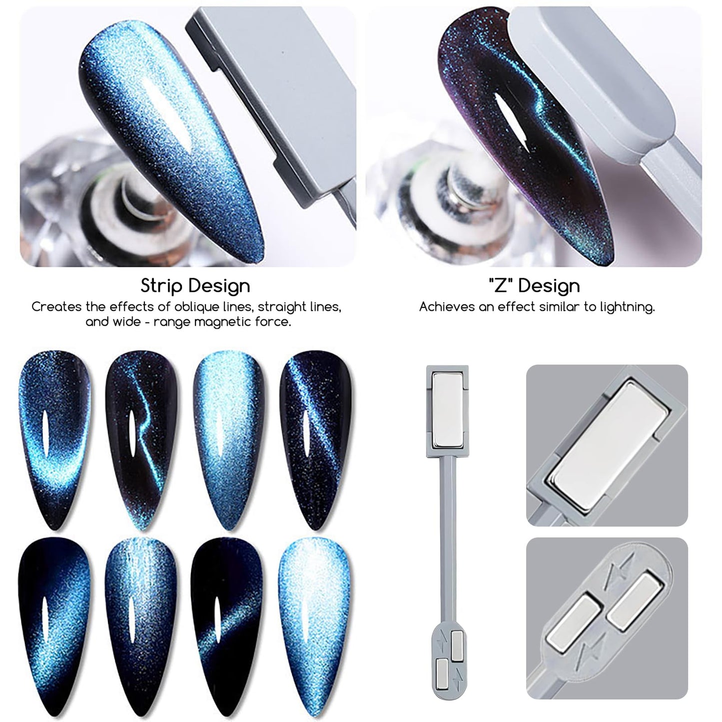 XEAOHESY 2 Pcs Cat Eye Magnet for Nails + 3 Y-Shaped Metal Brackets for Heart Cat Eye Effect Cylindrical Nail Magnet Double Ended Rectangular Magnet Stick for Cat Eye Gel Nail Polish