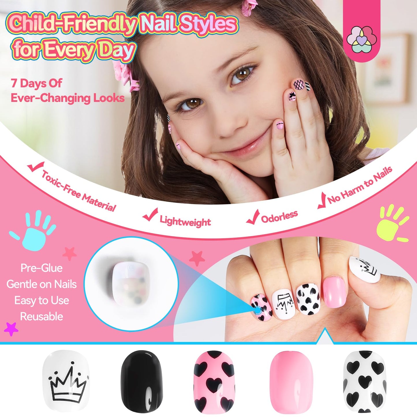 SAVILAND 7 Days Press on Nails for Kids: 168Pcs Children False Artificial Fake Nail Tips Sweet Edgy Pre-glue Full Cover Short Acrylic Nails with Nail Adhesive Tabs Gifts for Girls 8-12 Year (GlamKids)