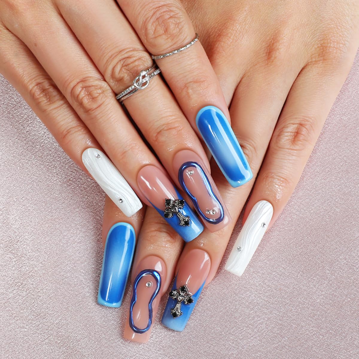 HOMSERA Blue Handmade Long Square Press on Nails XL French Tip Fake Nails with 3D with Cross and Circle Decoration, Reusable Full Cover Acrylic Fake Nails for Women