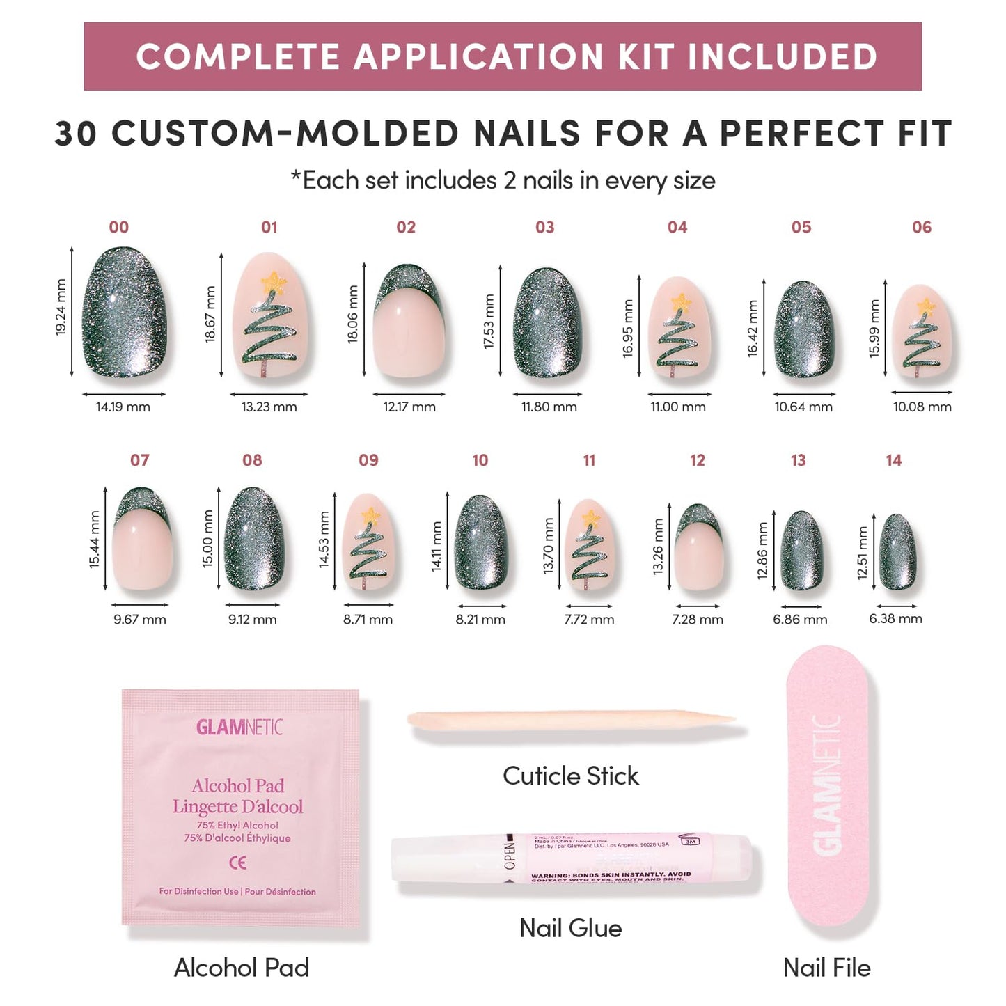 Glamnetic Press-On Nails Bundle - Velvet Pine & Cutie Pine | Deep Green Short Oval Fake Nails with French Tips, Tree Designs & Velvet Finish | Medium Almond Fake Nails in Deep Evergreen with a Pearl C