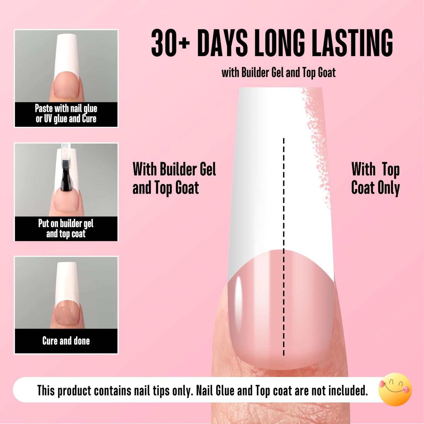 NOVO OVO Old School Wide White French Tip Nail Tips Press on, Long Tapered Square BABY PINK, Extra Thick Soft Gel Fake Acrylic Extension, Need Builder Gel Top Coat & Glue, 15 Sizes 240 pcs
