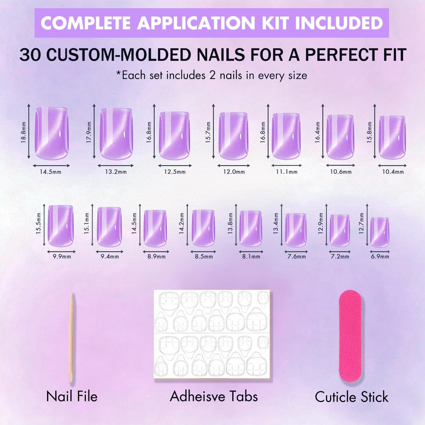 KQueenest Cat Eye Press on Nails Short, 30 Pcs Acrylic Press on Nails Square, Glass Lilac Fake Nails Press on Short, Sparkly Chrome, Light Lavender, Reusable Soft Gel Glue on Nails for Women Gift