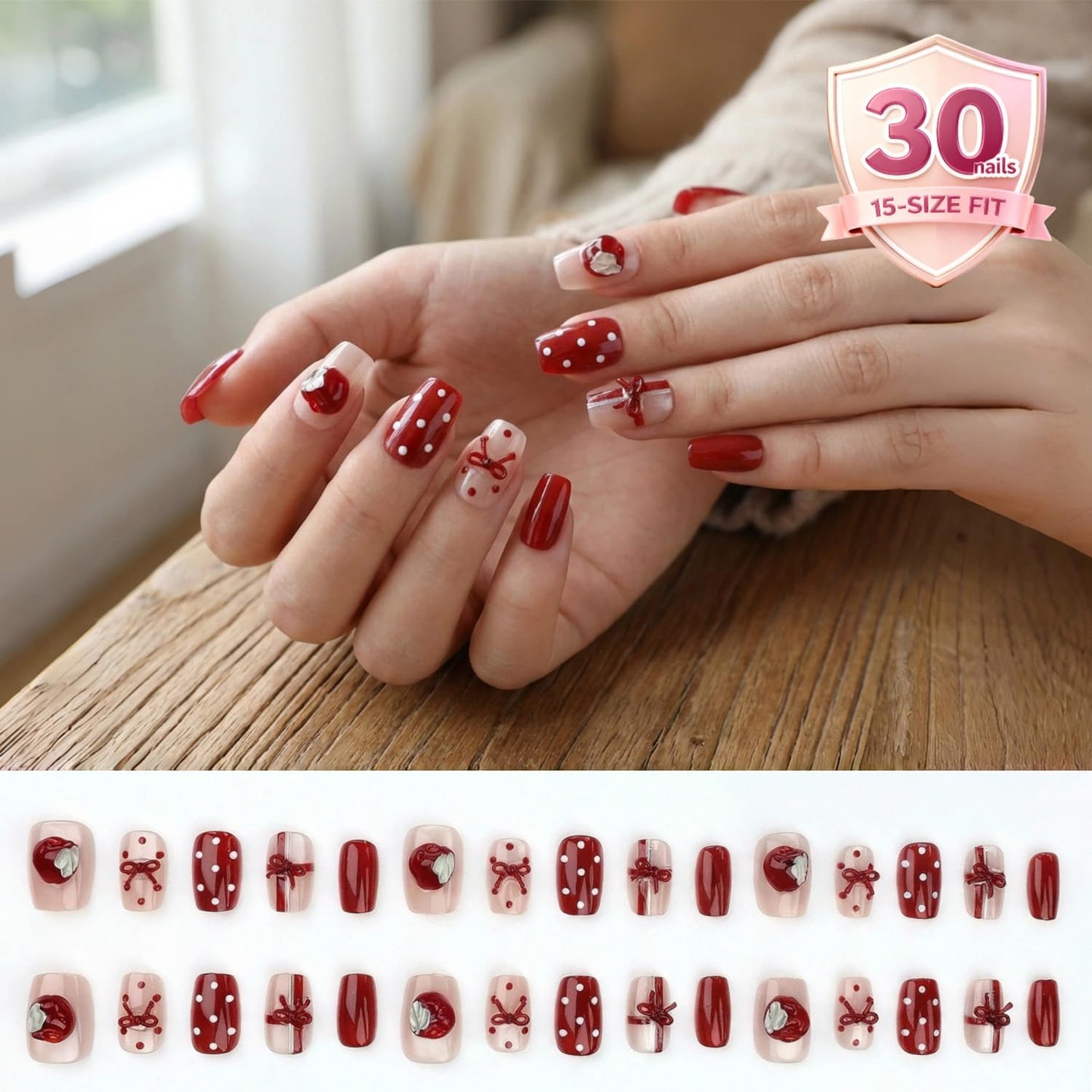 3D Red Press On Nails, Cute Bow & Polka Dot Design, Glossy Square Fake Nails with 3D Flower Accent, Holiday On Nails for Women, 30 PCS Set (The sizing runs small)