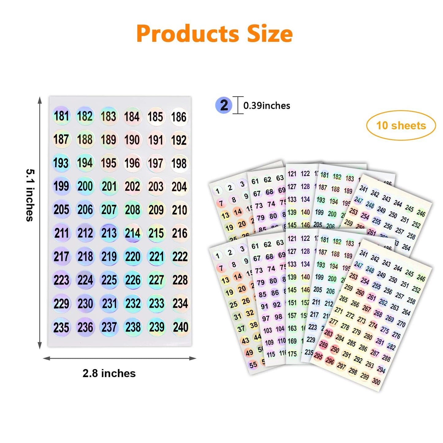 2 Sets Number Stickers (Number 1-300), Self Adhesive Holographic Label Stickers for Organizing Nail Polish Bottle/Nail Swatch Sticks/Lipstick (Dia.10mm)