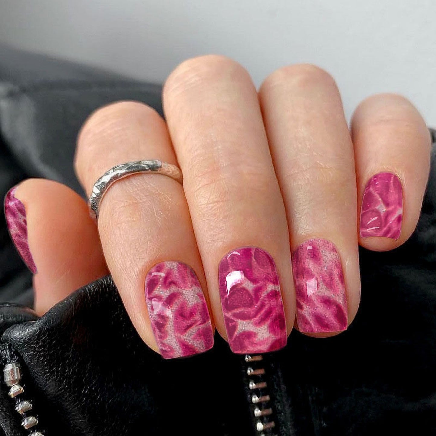 Semi Cured Gel Nail Strips with Pink Marble Designs Glitter Gel Nail Stickers Glossy Nail Strips Salon Quality & Easy to Use 20 Pcs for Women