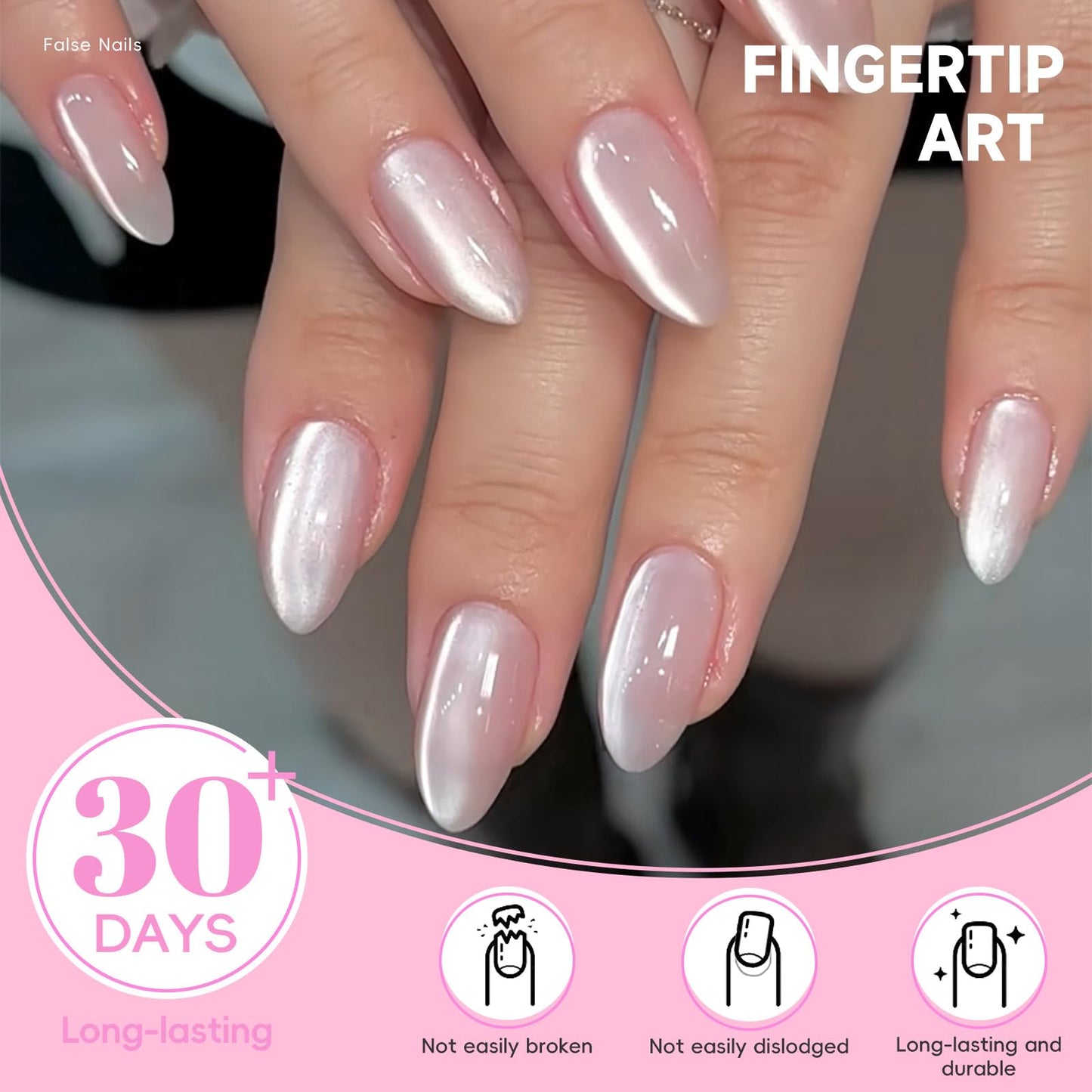 HOSAILY Baby Pink Cat Eye Press On Nails Short Almond, 24Pcs Glitter Nude Soft Pink Thick Cute Acrylic Nails Press Ons, Reusable Glossy Durable Sturdy Gel Fake Nails Full Cover Glue on Nails for Women