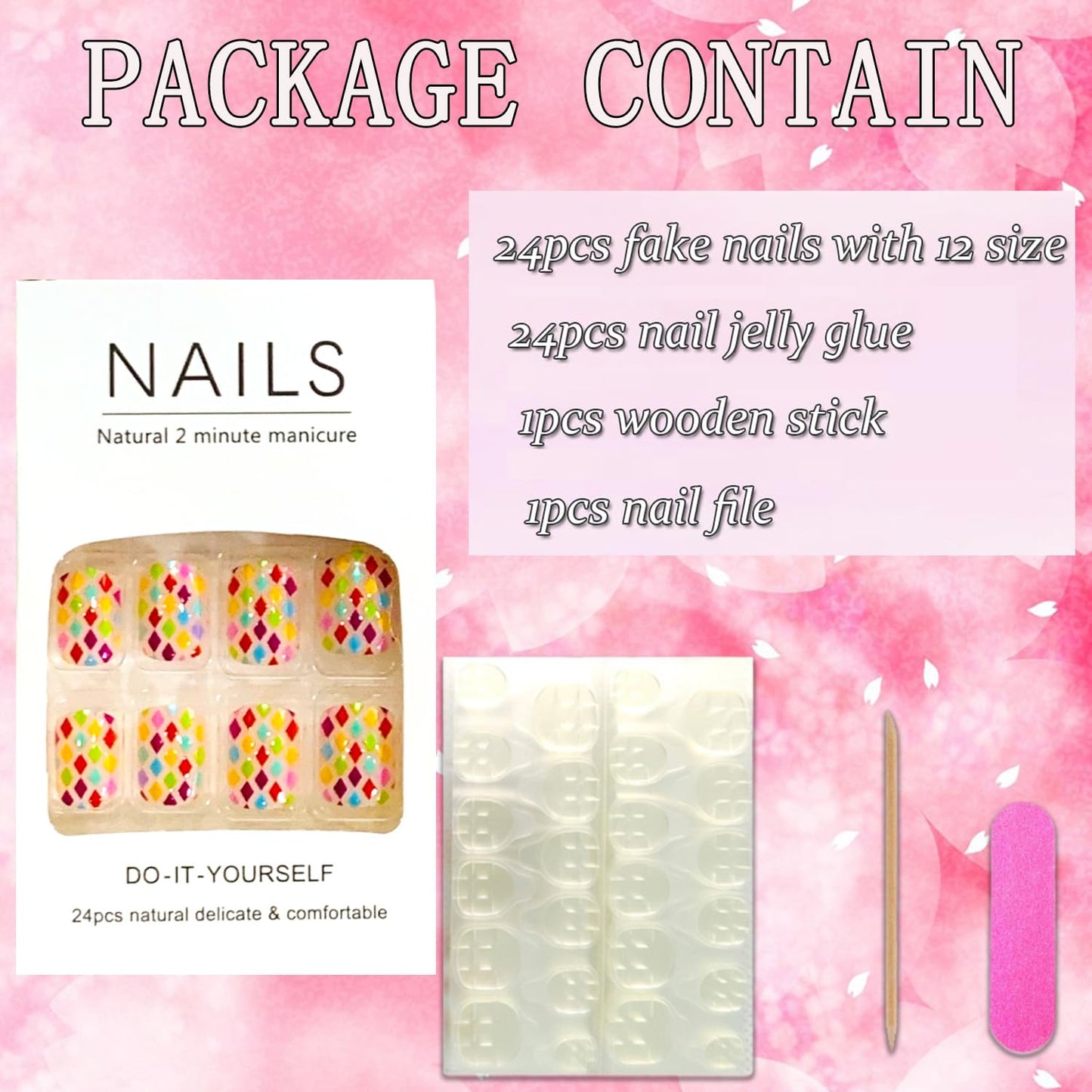 Vezocim Press on Nails Square Short 24Pcs Press on Nails with Rhombus Designs Glossy Full Cover Acrylic Extra Short Coffin False Nails Glue ons Fingernails Artificial Fake Nails for Women Girls