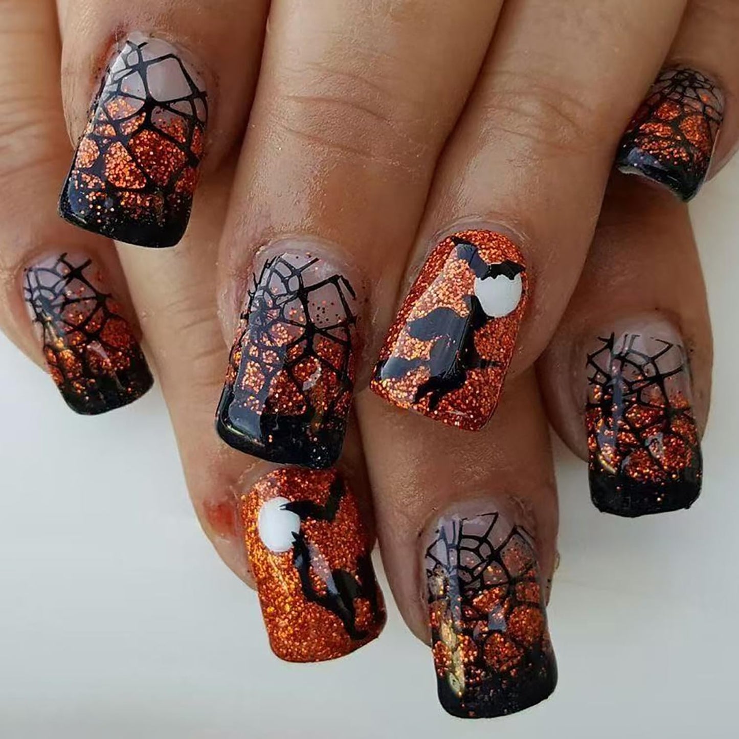 Halloween Press on Nails Short Square Bat Witch False Nail Acrylic Artificial Fingernails Glitter Powder Spider Web Design Full Cover Glossy Festival French Stick on Nails for Women Supplies 24Pcs