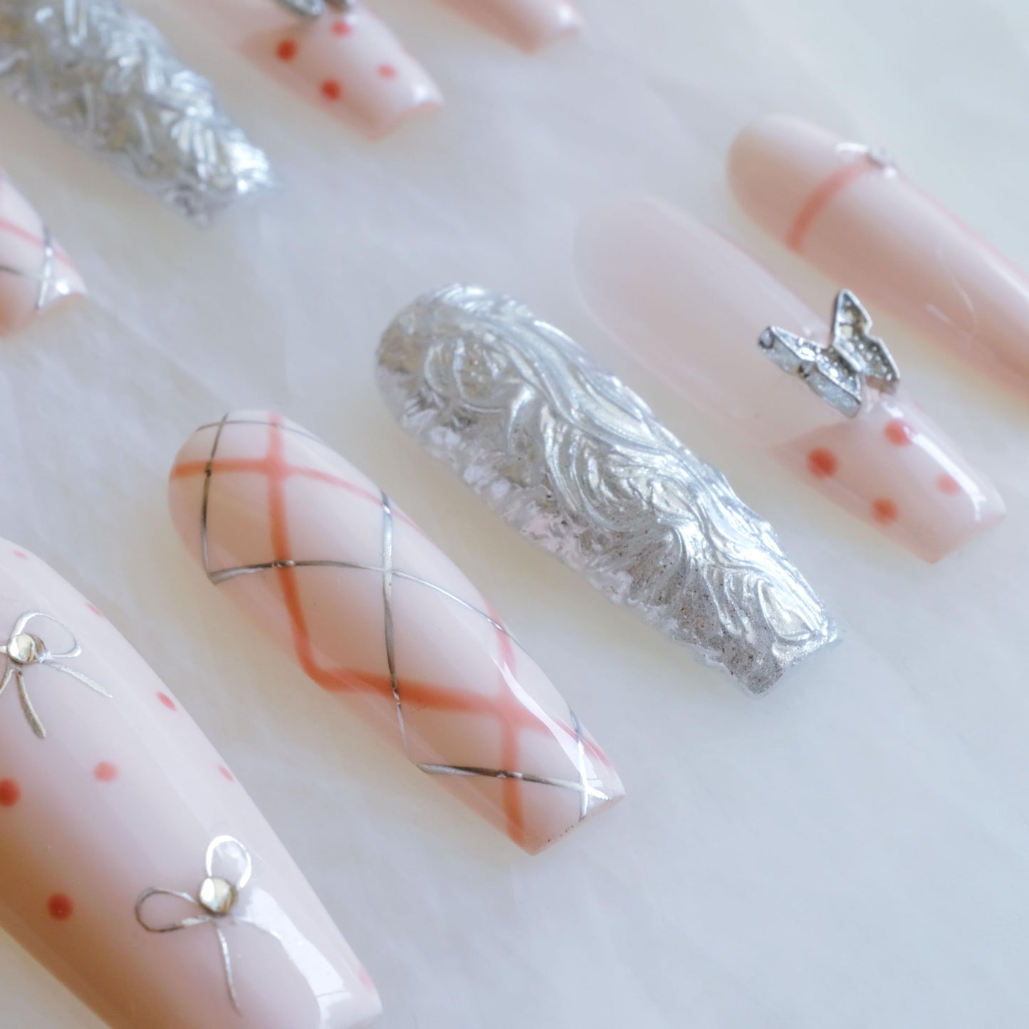 GLORS Press-on Nails, Long Ballerina Style, Pink with 3D Silver Butterfly and Bow Design, Handmade False Nail 10 Pieces (XS, LB)