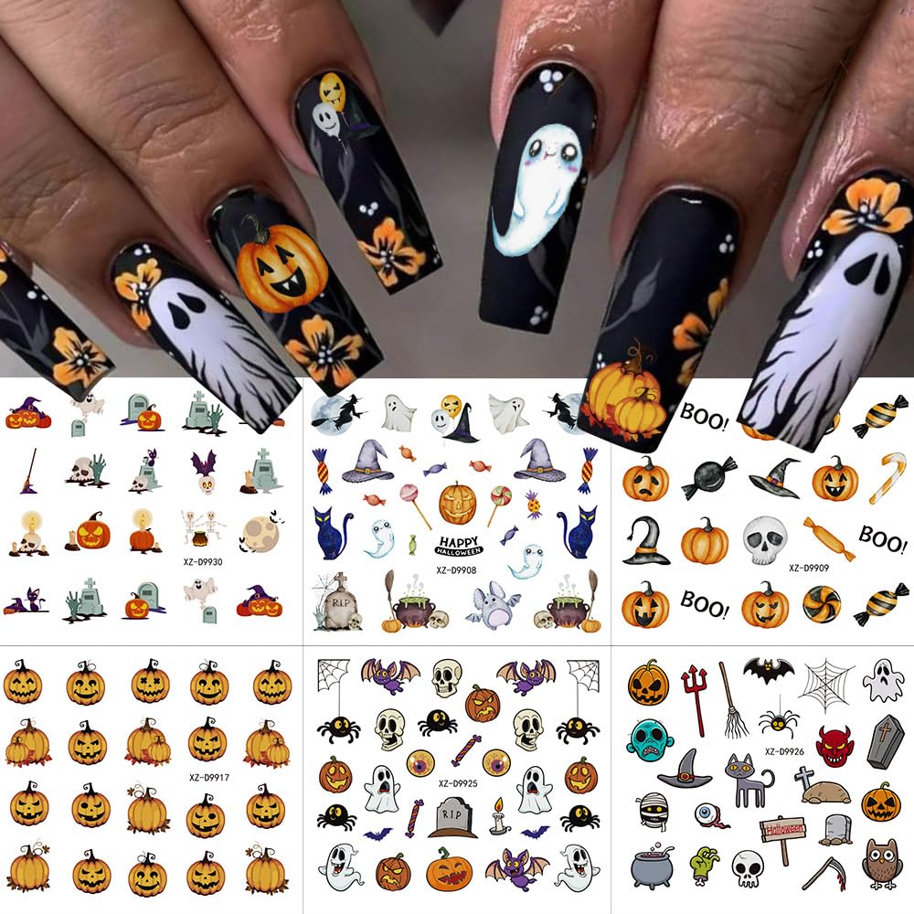 30 Sheets Halloween Nail Stickers for Nail Art, 3D Self-Adhesive Pumpkin Cat Nail Decals, Spider Bloody SkullNail Supplies Design Accessories for Women and Girls Manicure DIY Decoration