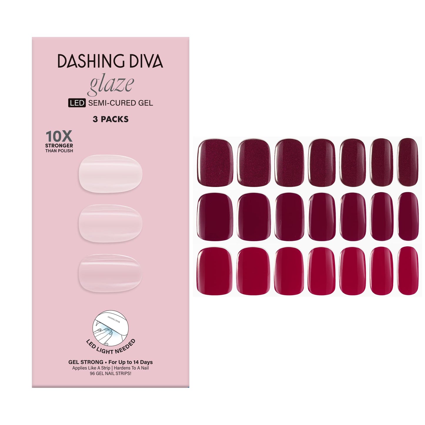 Dashing Diva Glaze Nail Strip 3-in-1 Kit - Best of Reds - Long Lasting, Chip Resistant, Semi-Cured Gel Nail Strips - Contains 96 strips, 3 prep pads, 3 manicure sticks, 1 nail file