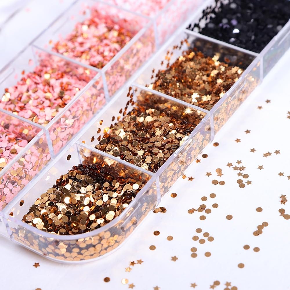 1 Box 4 Color Holographic Hearts Nail Glitter Round Star Nail Sequins 3D Pink Gold Nail Flakes Sparkly Glitter Flakes Shiny Nail Glitter Valentine's Day Nail Sequins Glitter for Nails Art 12 Grids