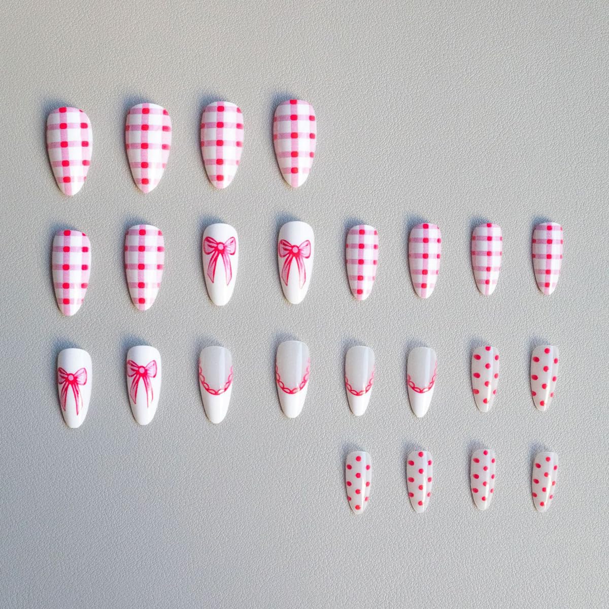 Pink Press on Nails - Medium Almond Fake Nails with Bow | Polka Dot | Checkered Designs False Nails White French Tip Glue on Nails Reusable Full Cover Stick on Nails for Women Manicure 24Pcs