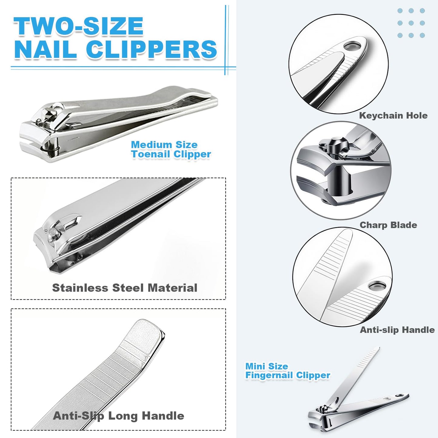 Keeshibao 20-Pack Stainless Steel Fingernail & Toenail Nail Clippers Bulk Set - 12 Small + 8 Medium Size with Storage Pouch, Manicure Kit for Men/Women Travel, Gifts, Homeless Care Supplies