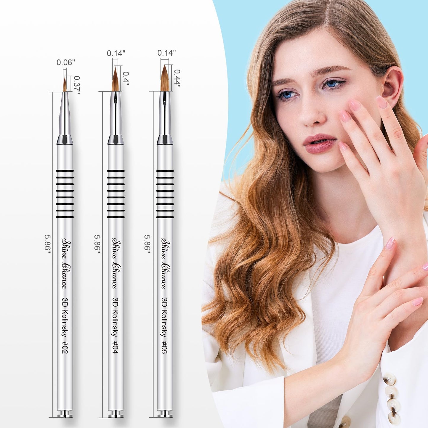 Shine Chance 3Pcs 3D Nail Brushes Set Size 2 4 5, Kolinsky Hair Acrylic Flower Nail Art Brush, Art Design & Polish Mistake Cleaning Manicure Tools for Women Acrylic Application, Silver