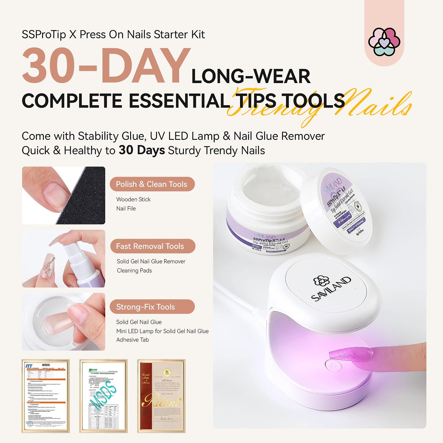 SAVILAND Silver Shiny Press On Nails Starter Kit: Pre-Designed Long-Wear Fake Nails Gel Nail Kit Press Ons 100% Acrylic Tips U V Nail Light Cured GEL Nail Glue False Nails DIY Art Set