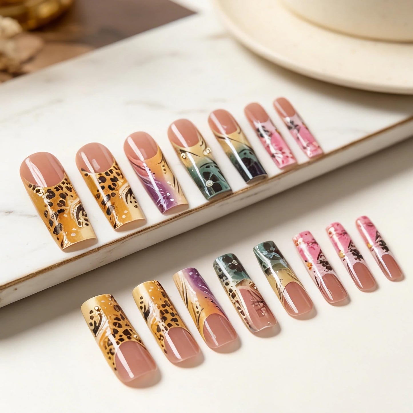 BABALAL Long Square Press on Acrylic Nails French Tip Fake Nails Yellow Green Purple Pink Stick on False Nails Summer Colorful Press ons Sparkly Bling Supplies Luxury for Women 24Pcs Coquette