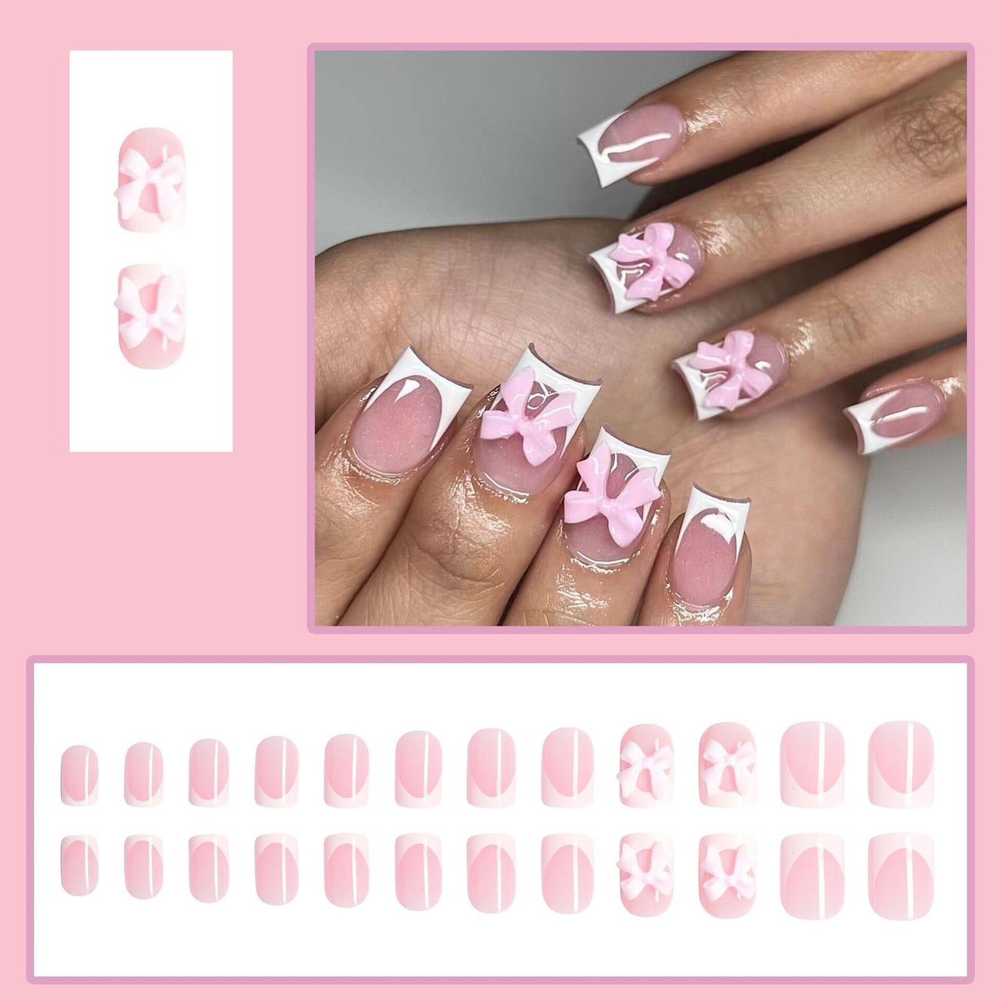 White French Tip Press on Nails Medium - Square Fake Nails with Pink Bow Design - Cute Full Cover Stick on False Nails for Women 24 Pcs