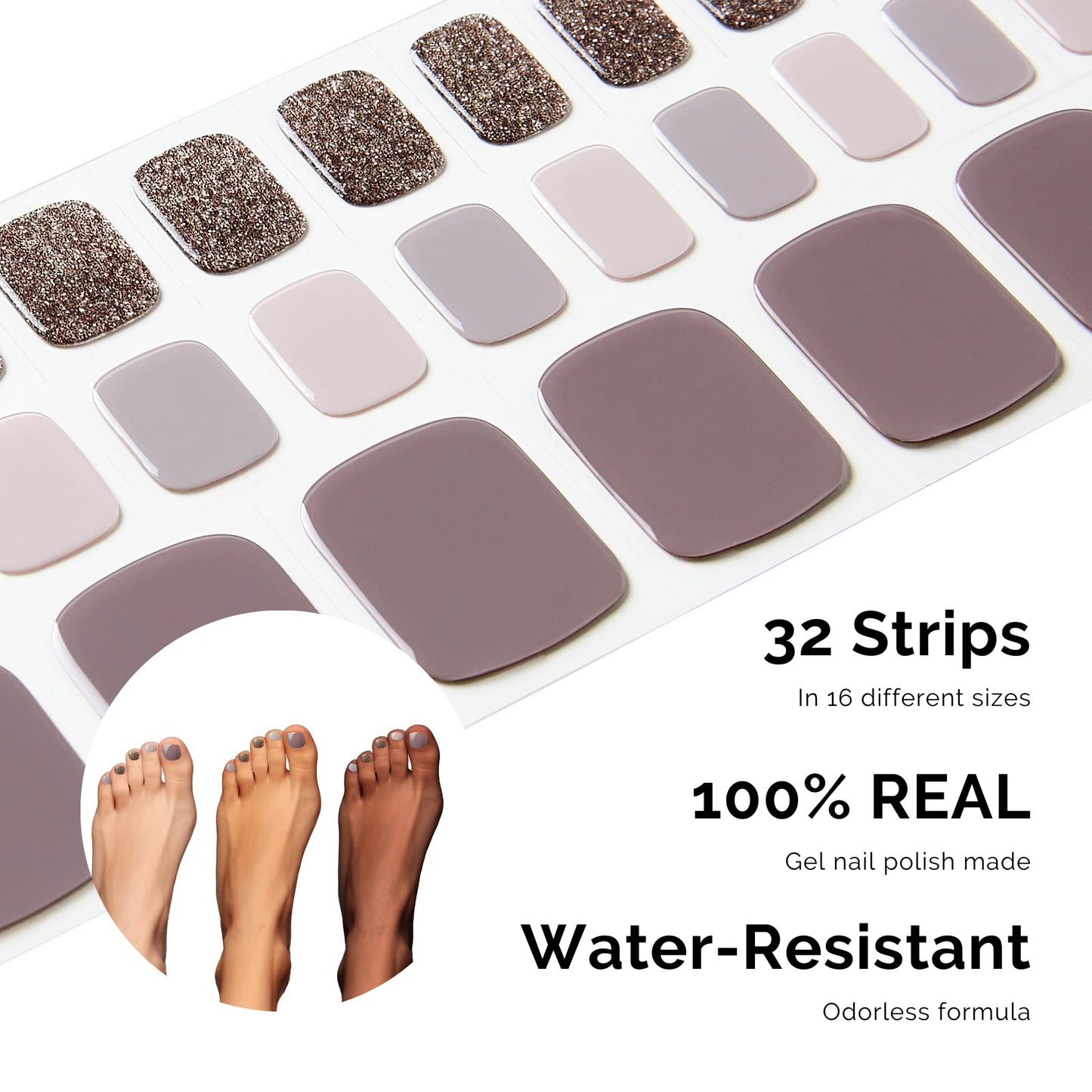 NAILOG Semi Cured Gel Nail Strips, Toe Nail Polish Strips with Glossy Gel Finishing | Buy 3 Get 1 UV Lamp| 32 Pieces Long Lasting Pedi Stickers | Purple & Gray