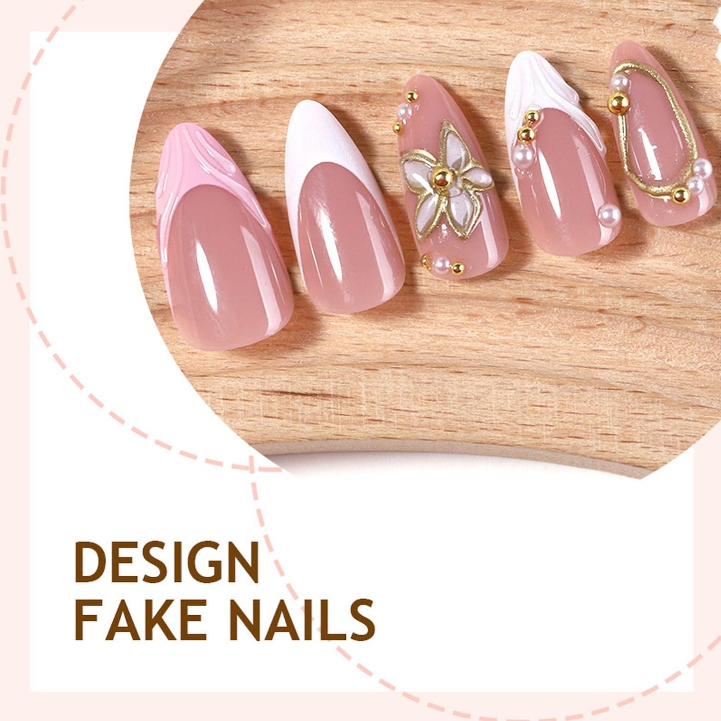 24Pcs Flower Press on Nails French Tip Medium Almond Fake Nails with 3D Pearl Design Chrome Gold False Nails Gilded Line Flowers Acrylic Nails Nude Glossy Full Cover Cute Floral Glue on Nail for Women