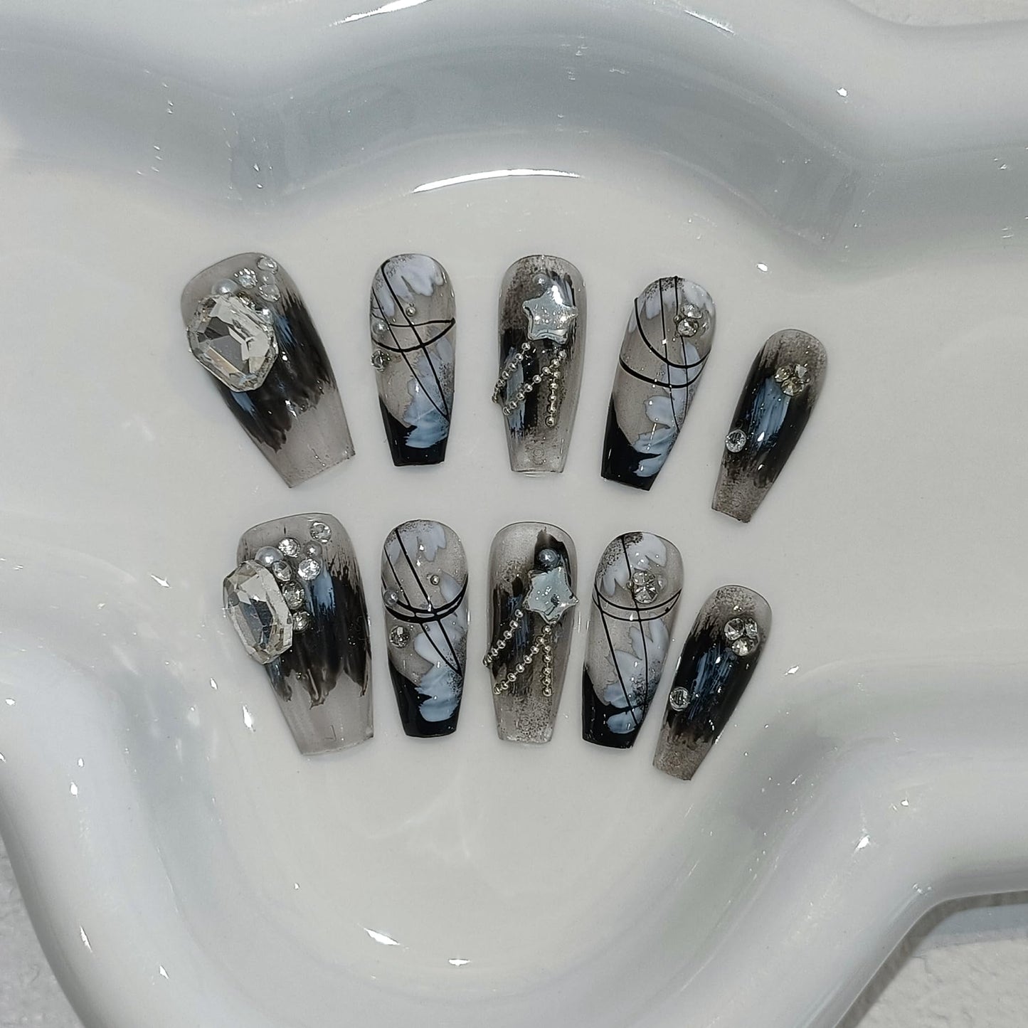 TENPAL 10PCS Gothic Coffin Press on Nails with Tools Kit,Black French Tips Fake Nails with Oriental Chain & Crystal Design | Dark Rebel Glue on Nails Medium | Icy Dark Elegant Chinese Style Nails(XS)
