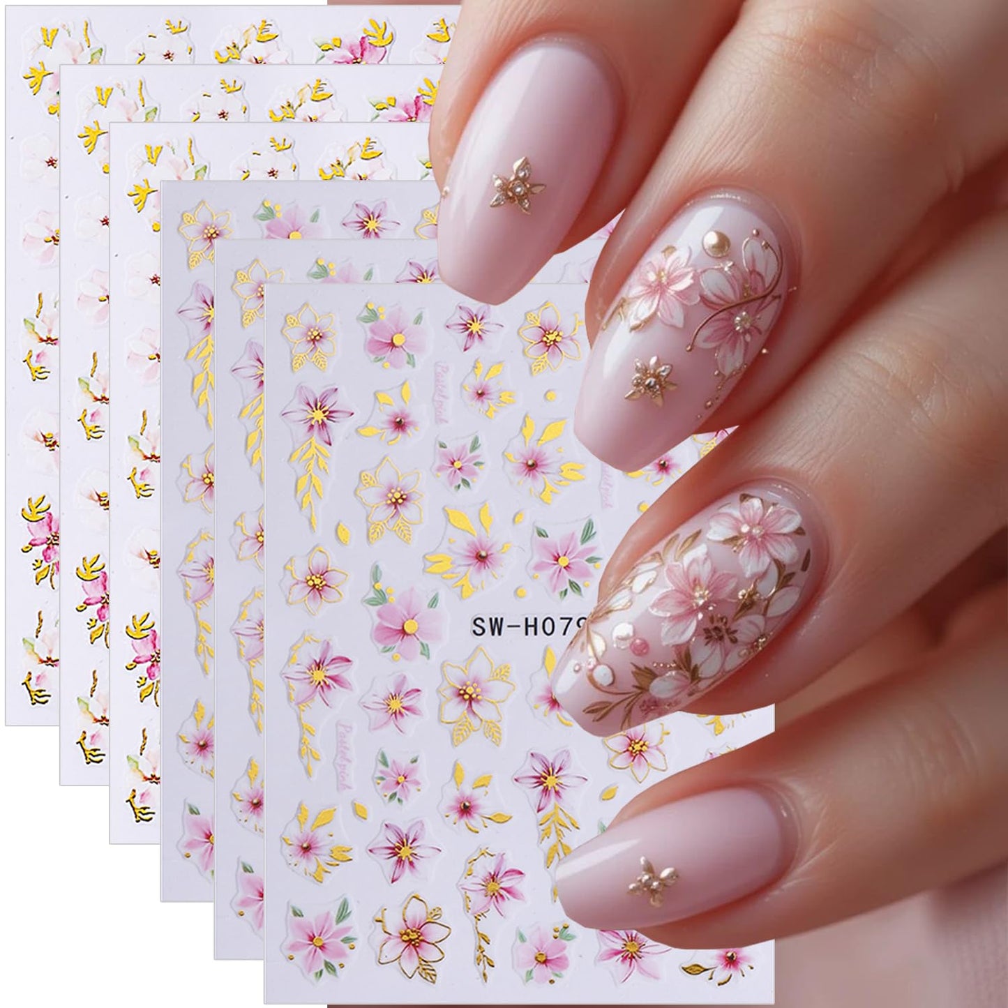 Cherry Blossoms Nail Art Sticker Decal 6Pcs 3D Elegant Self-Adhesive Nail Stickers Gold Leaves Nail Decal Pink Floral Nail Supply Spring Summer Flower Nails Design for Women Manicure DIY Decoration