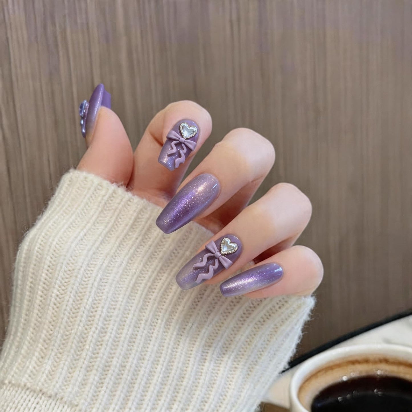 DANNEASY 10PCS Handmade Press on Nails Medium Almond, Purple Cat Eye Acrylic Fake Nails with 3D Bow & Rhinestone Decor, Press ons on Nails for Women