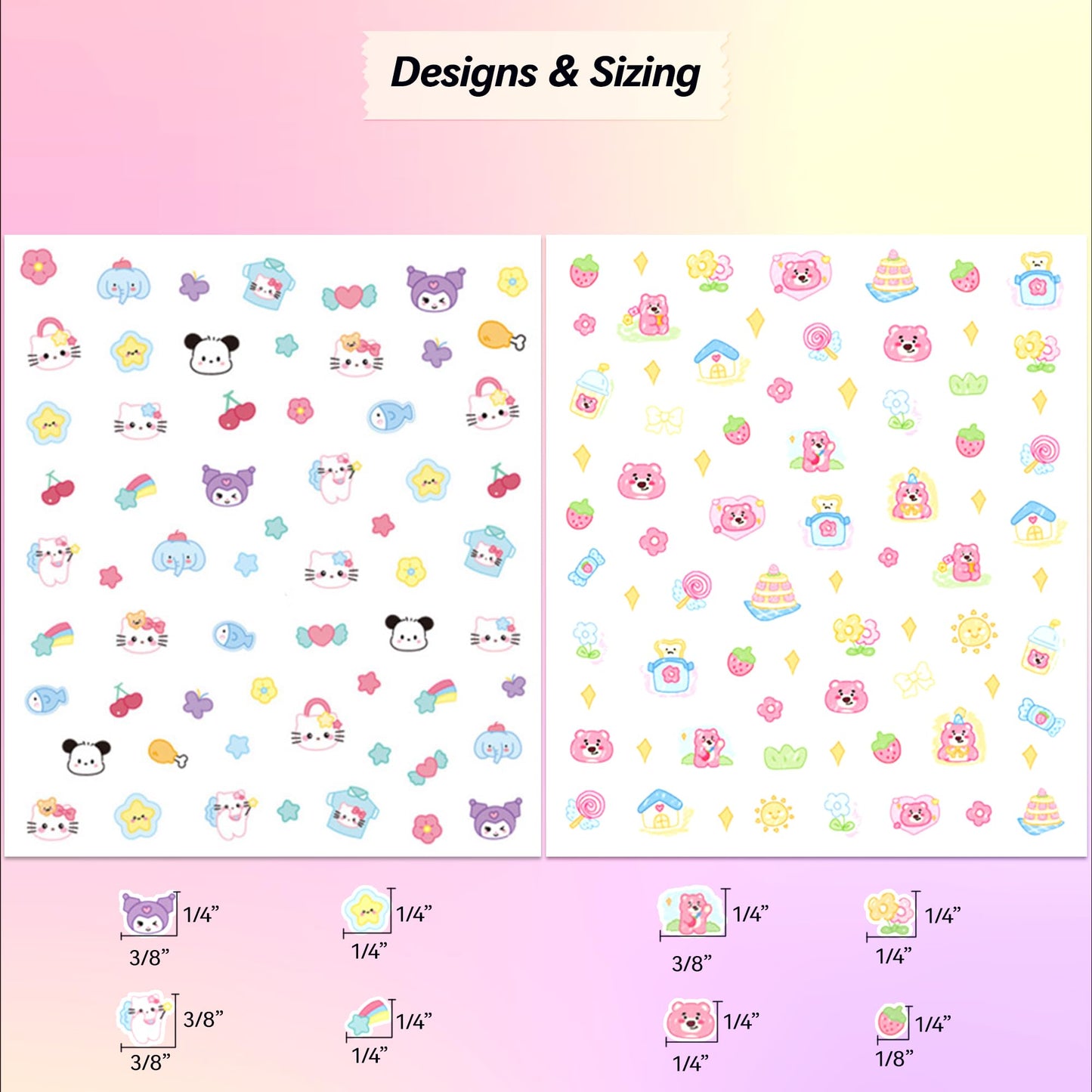 10 Sheets of 3D Nail Stickers - 719 Cute Nail Decals - Embossed Nail Stickers for Kids | Kawaii Theme - Butterfly, Flowers, Cats, Bunny, Stars, Fruits | Glow in The Dark