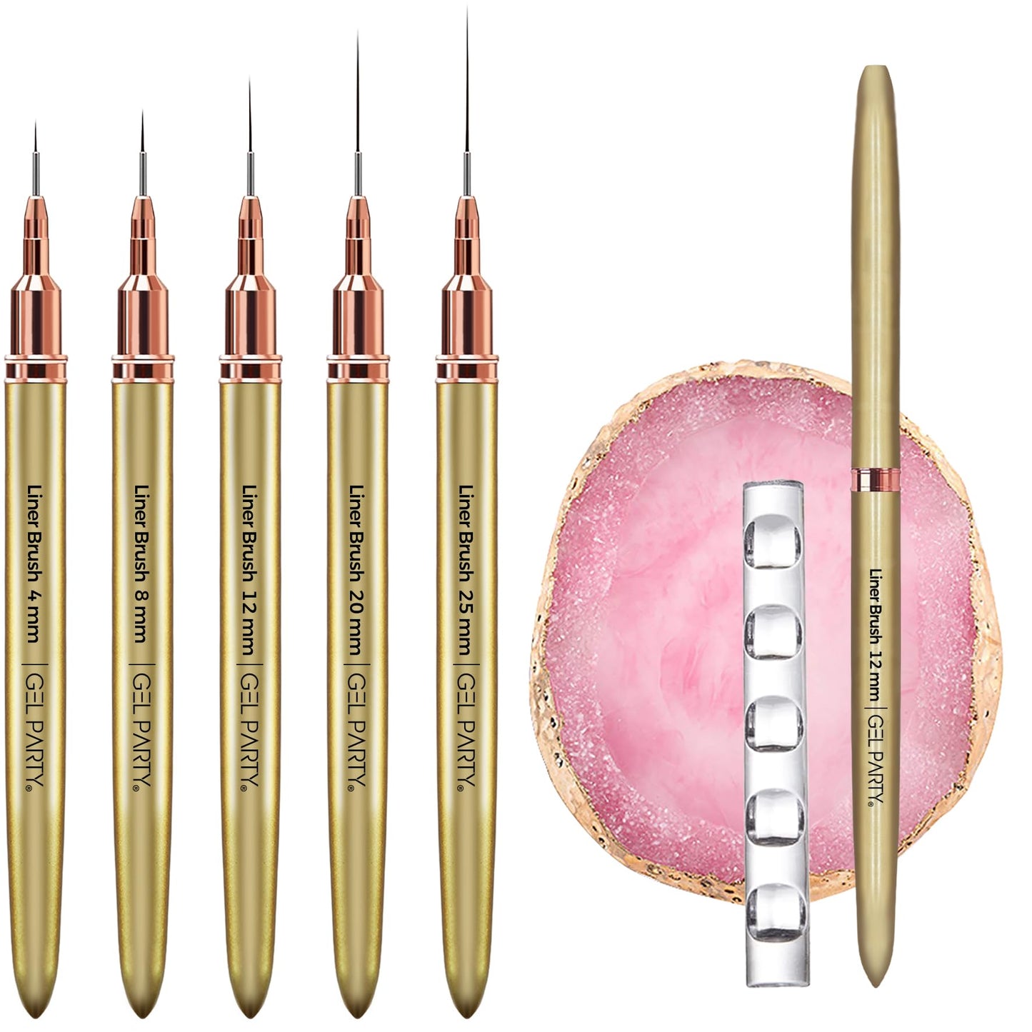 GELPARTY 7Pcs Gold Nail Art Brush Set - Professional Ultra-Fine Liner & Detail Brushes for Gel Polish & Acrylic Nails - Includes Agate Stone Palette & Brush Holder - Manicure Drawing Tool Kit