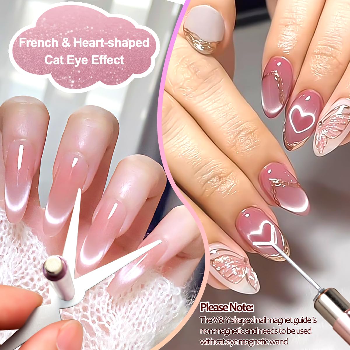 Cat Eye Magnet for Nails, Double-Head Cat Eye Nail Magnet Set with Round Magnet Beads, French & Heart-Shaped Nail Magnetic Guides Bead-Attracting Nail Magnets Pen for Nail Art Design