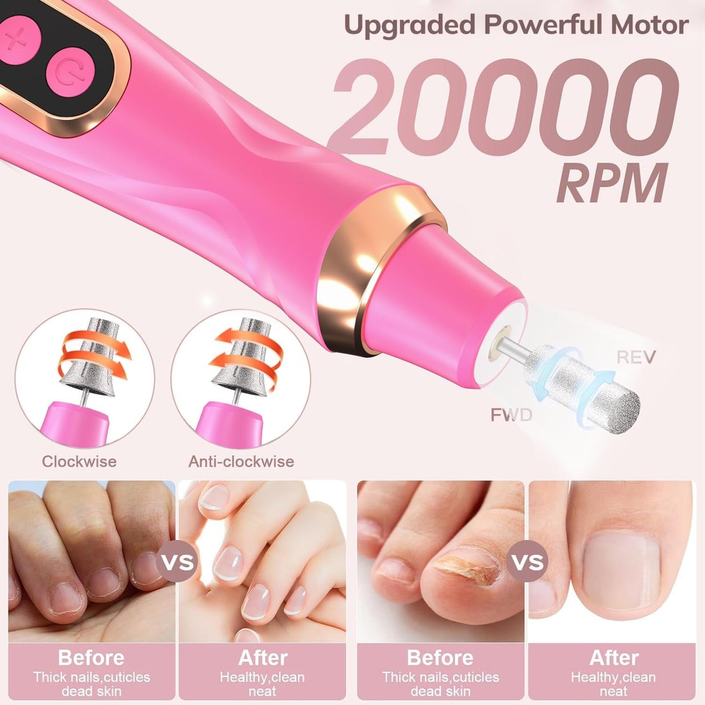 HengYuaoler Professional Manicure Pedicure Kit Cordless Electric Nail File Set 6 Speed Cordless Nail Drill for Thick Nail Toenail Cuticle Hand Foot Care Nail Drill Tool(Rose)