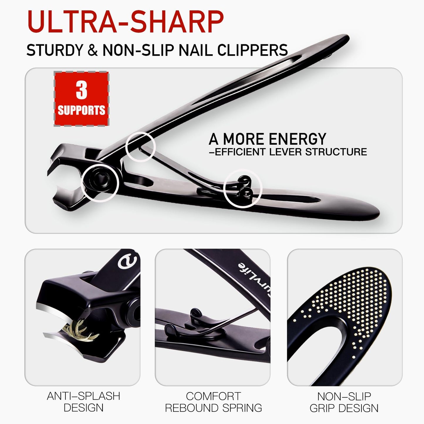 CurvLife Nail Clipper & Nail File Set, Heavy Duty Wide Jaw Toenail Clipper for Thick Nails, Anti-Splash Catcher, Non-Slip Grip, Curved Blade Trimmer with Safety Lock