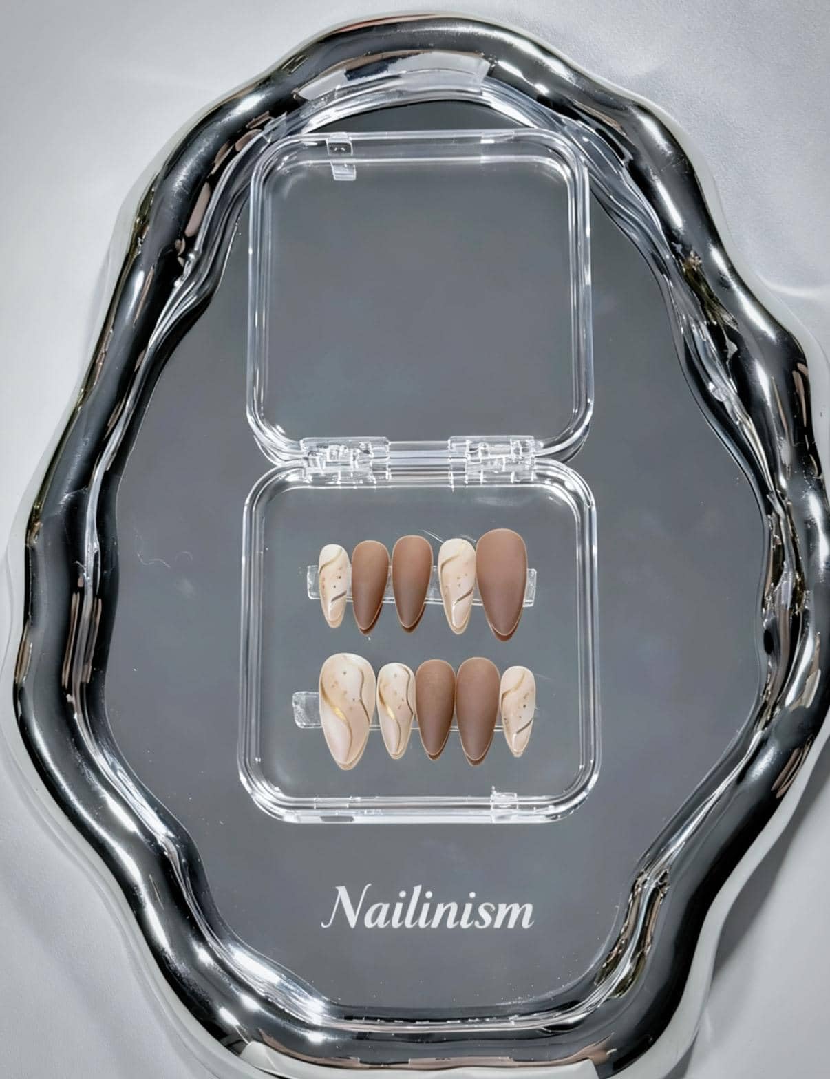 Mother's Day Nails Brown Glazed Chocolate Press on Nails, short almond, gold line french, Matte Marble with gold line, Perfect for Winter and Daily Wear, 24pcs Reusable, Nailinism