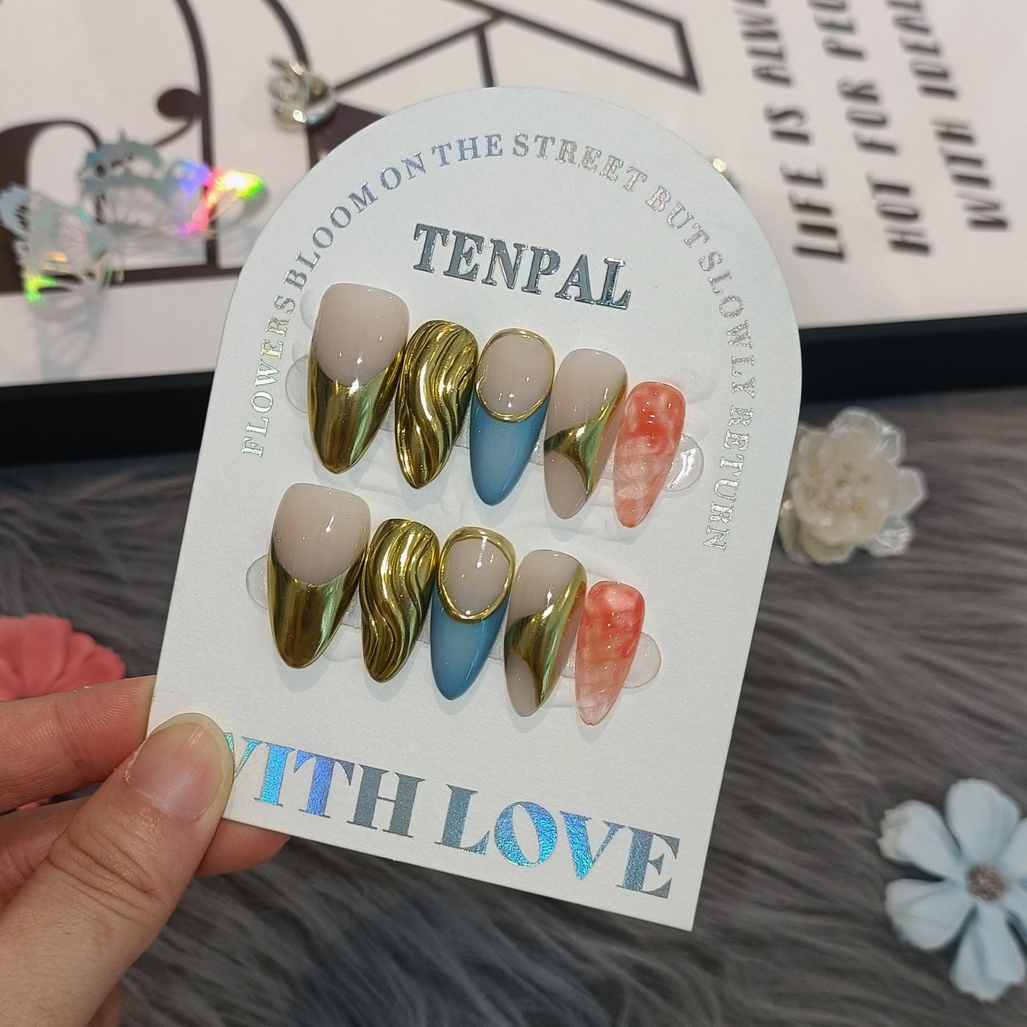 TENPAL Metallic Press on Nails Almond, Golden French Tips Nails, Soft Gel Fake Nails With Tools, Handmade Acrylic Nails With Sweet Cool Y2k 3D Waves Designs,10pcs/Box Nail Kits For Women(M)