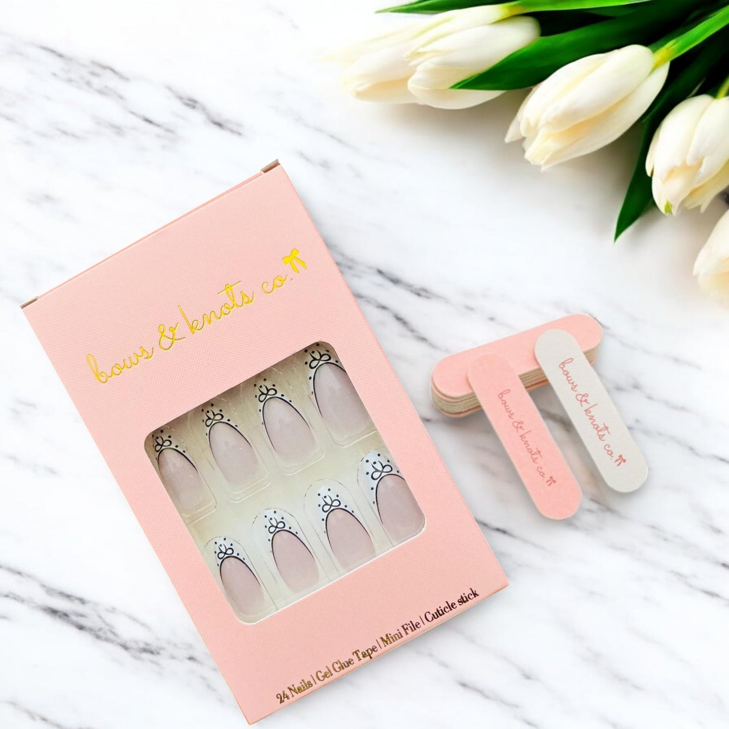 24 Pcs Press On Nails Short, Soft Gel Fake Nails, Glossy, Durable & Reusable, Easy to Apply Glue On Nails for Women By Bows And Knots