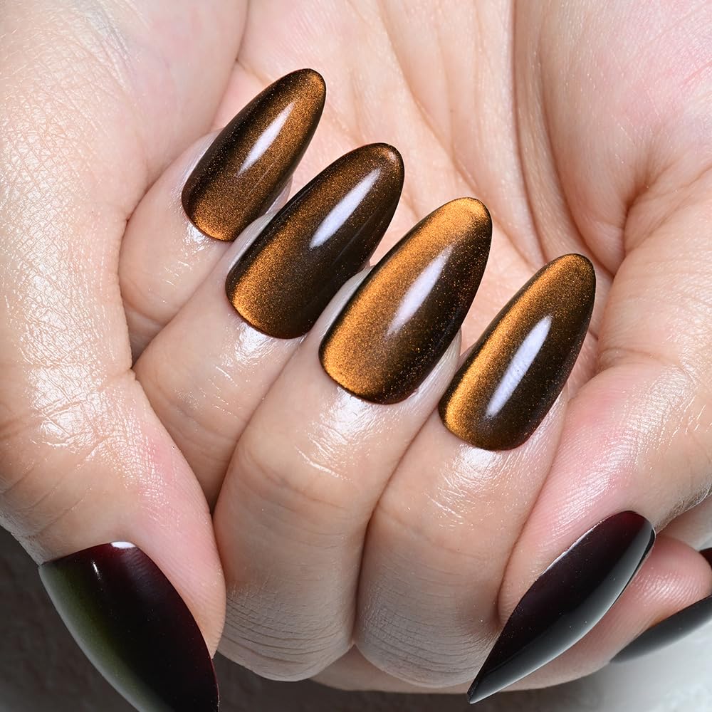 XZMeiLun Cat Eye Orange Brown Press On Nails Almond Medium, Magnetic Acrylic Fake Nails Stylish Design, Salon-Quality Shiny Finish, Reusable Stick On Nails Kit for Women, Daily Wear (No Glue Included)