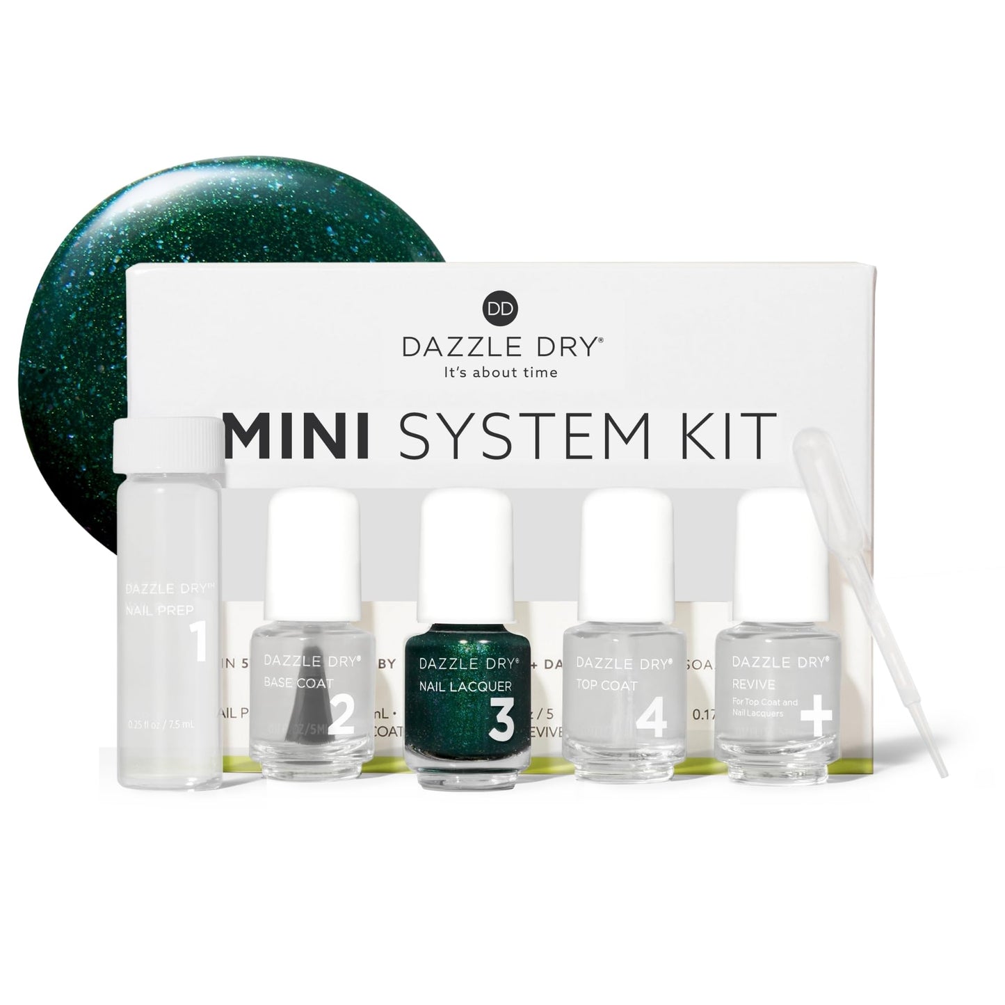 Dazzle Dry Mini Kit 4 Step System - Evergreen - A pine green with blue glitter flecks. Full-coverage glitter. (5 Piece Kit / 5 Manicures)