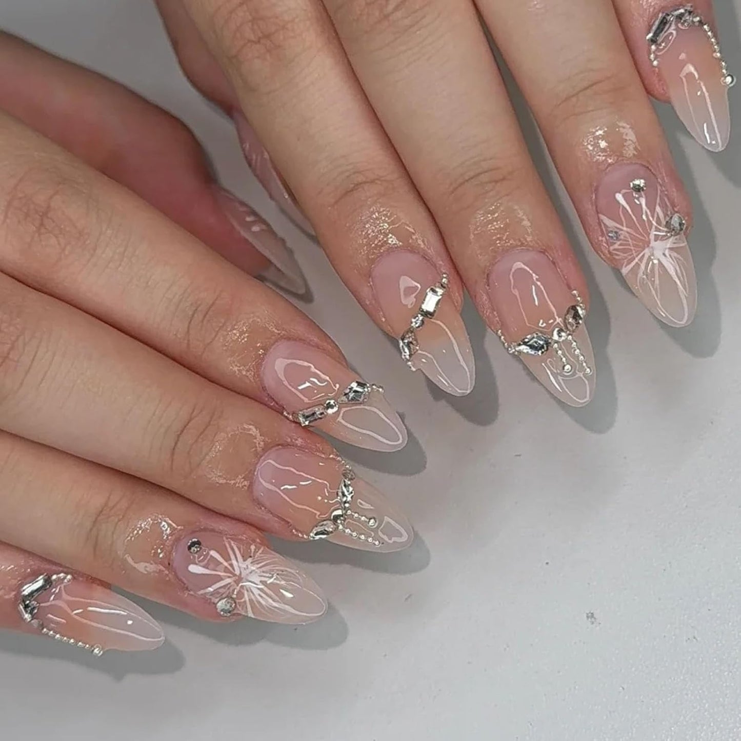 Almond Press on Nails Medium Fake Nails Nude Pink Nails Press ons with 3D Rhinestones Silver Pearl Designs Acrylic Nail Glossy Stick on Nail for Women 24 Pcs
