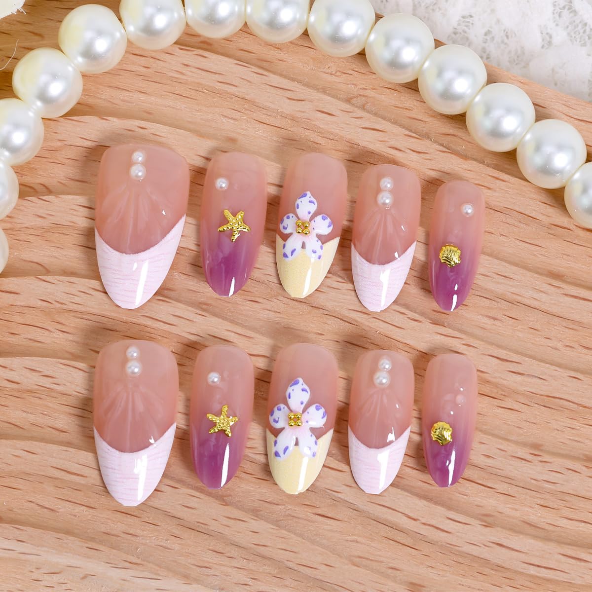 30Pcs Purple Flower Press on Nails Medium Almond French Tip Fake Nails with Gold Shell Starfish Gems Design Summer Stick on Nails Full Cover Artificial Glue on Nails Handmade False Nails for Women DIY