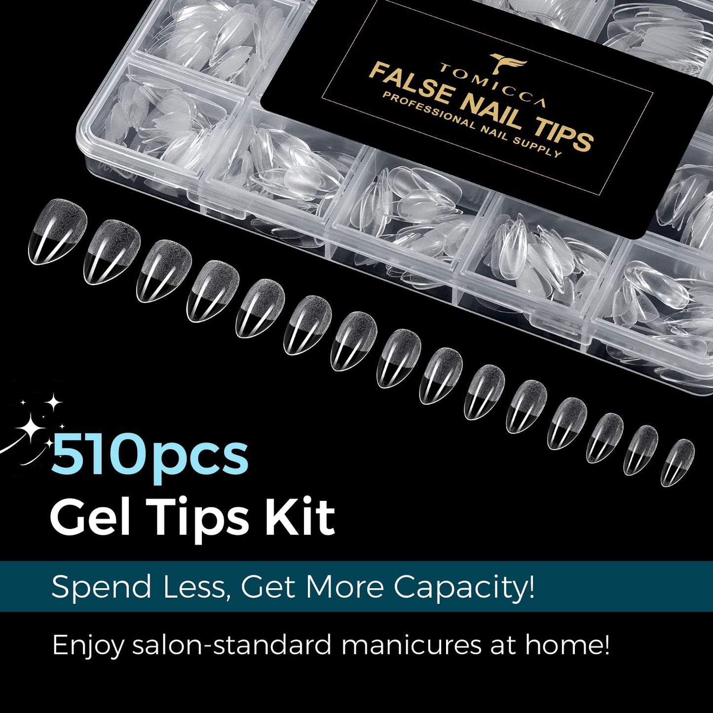 TOMICCA Short Almond Nail Tips 510PCS, 15 Sizes Gel Nail Tips for Clear Acrylic Nails, Almond Nail Tips for DIY Salon, Gel Nail Extension Tips for Beginners & Nail Techs