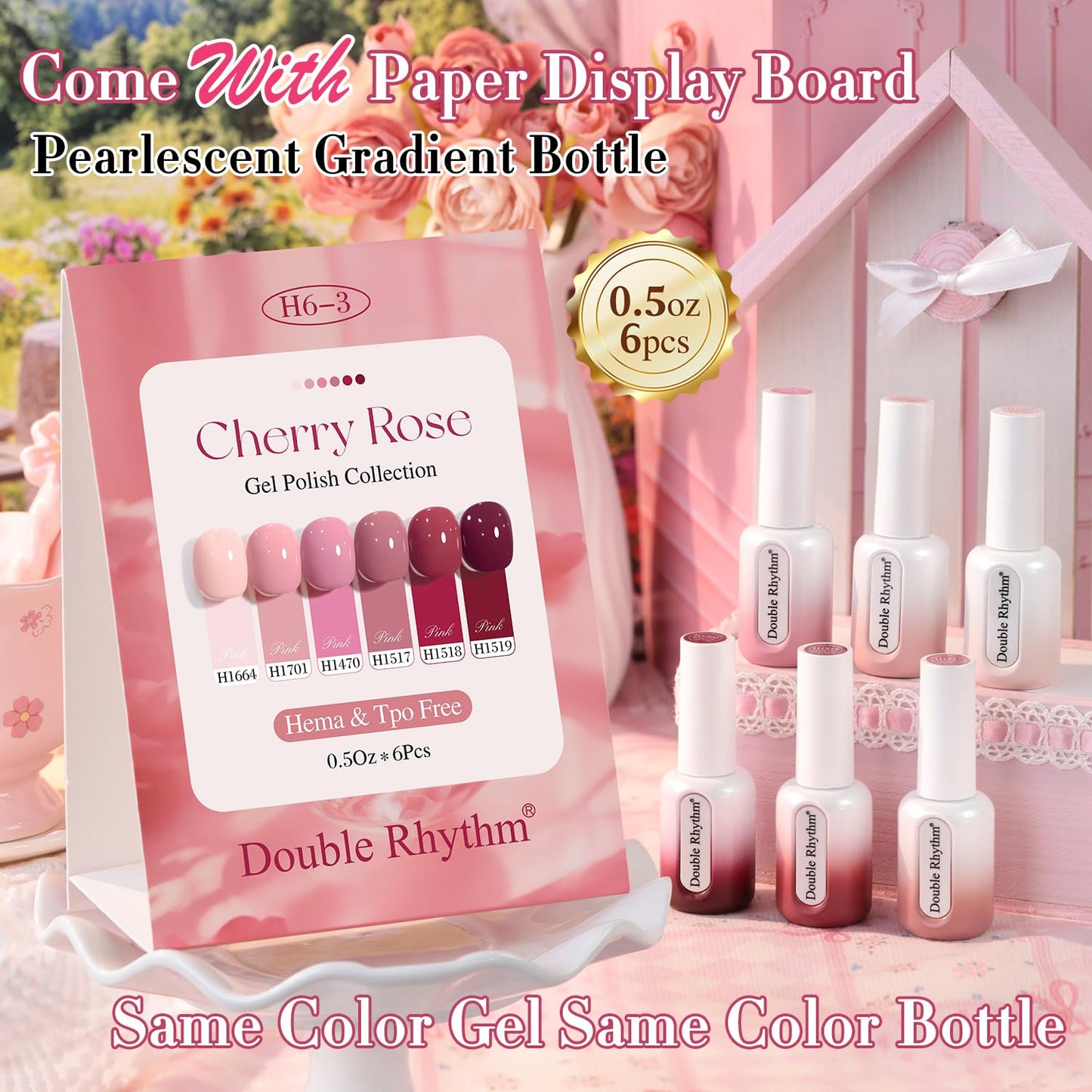 Double Rhythm 6 Pcs Hema Free Gel Polish Set 0.50 OZ Same Color Same Bottle Soak Off Neutral Natural Milky Gel Polish Kit Nail Art Manicure Salon DIY (Nude Pink Rose Burgundy-H6-3)