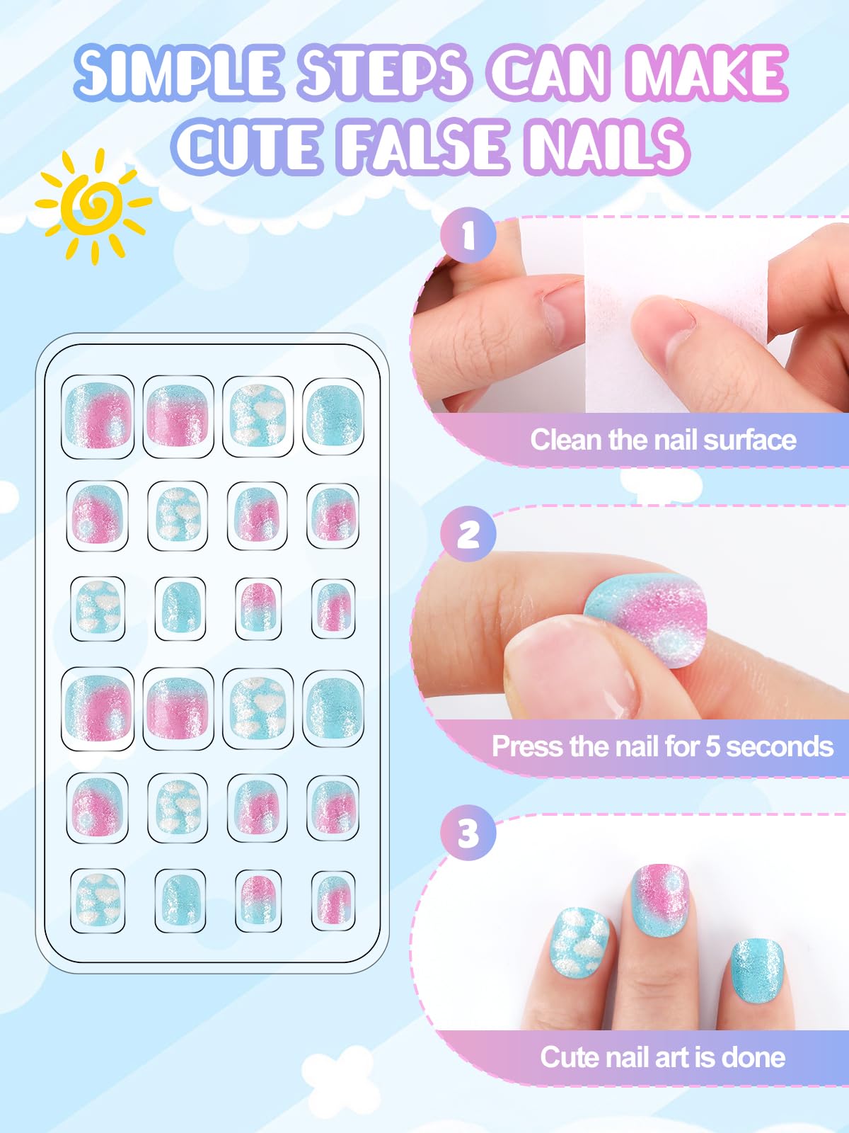 72 Pieces Press on Nails Kids, EBANKU Girls Fake Artificial False Nail Tips Pre Adhesive Pads Full Cover Press on Nails for Girls Nail DIY