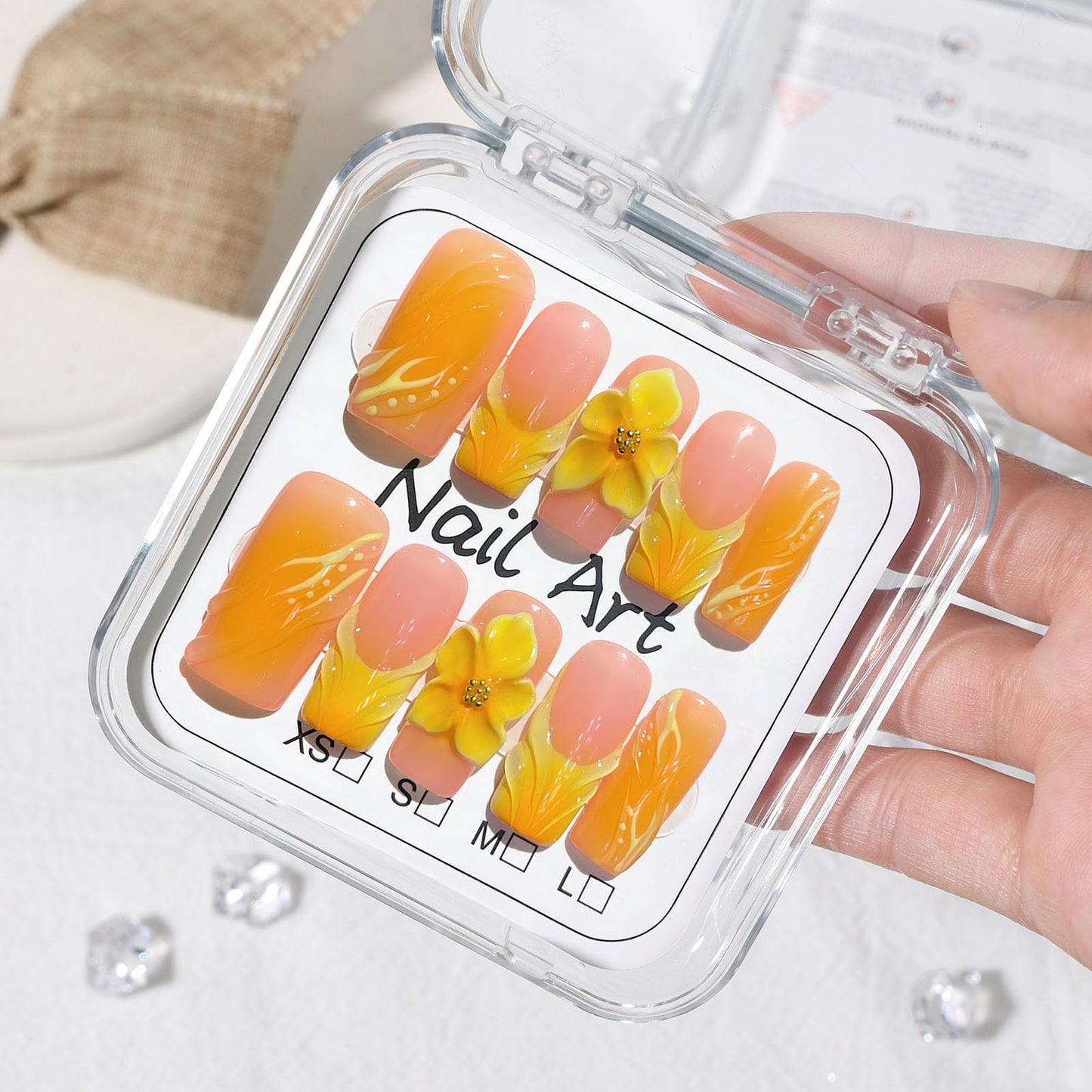 10 Pcs Handmade Press on Nails Medium Square Fake Nails with Yellow 3D Flower Curves Design Acrylic French Tip False Nails M Size Pink Press Ons Nails Square for Women Nail Art
