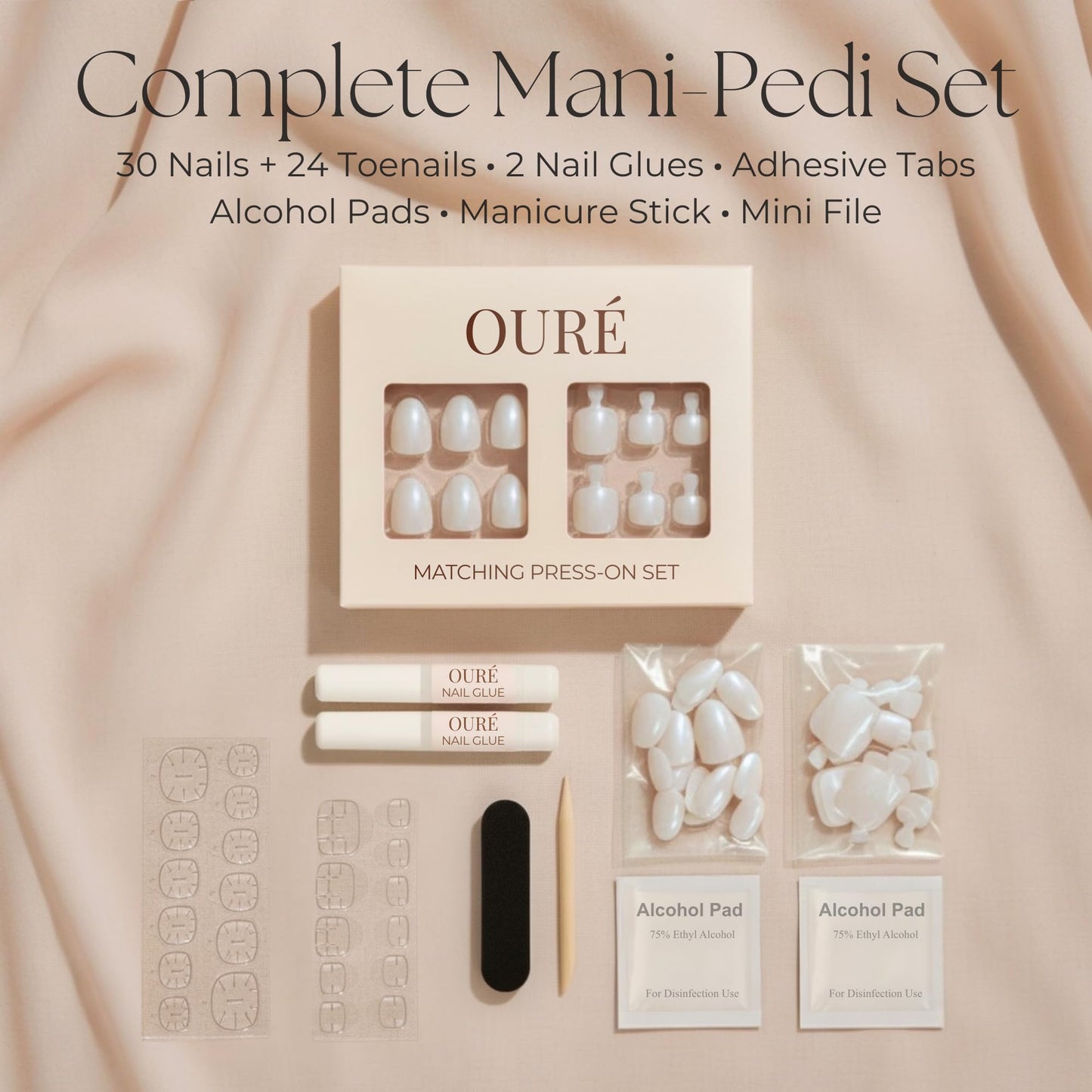 OURÉ Matching Press On Nails and Toenails Mani Pedi Set, Short Almond Soft Gel Nail Kit with Glue, 30 Press On Nails + 24 Press On Toenails, Reusable Fake Nails (Opal Veil – Soft Pearl White)